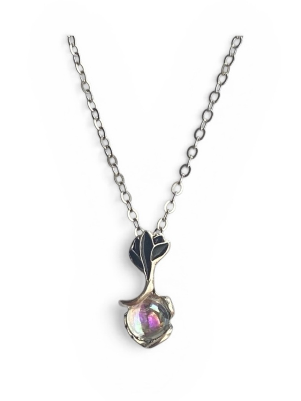 Silver Rose Pendant Necklace with Opalite  Stone
